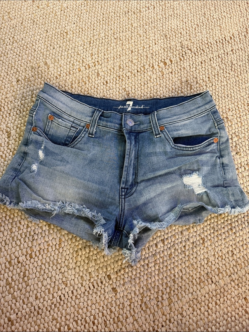 7 For All Mankind Distressed Light Blue Frayed Hem Jean Shorts